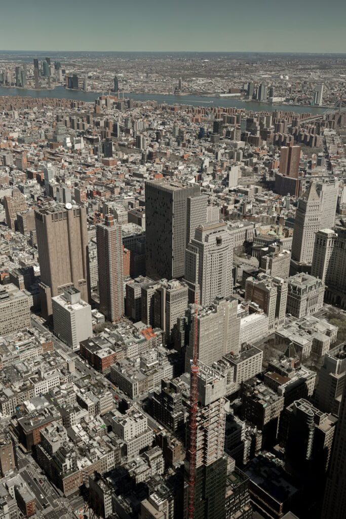 Breathtaking aerial view of New York City's expansive skyline on a clear day.