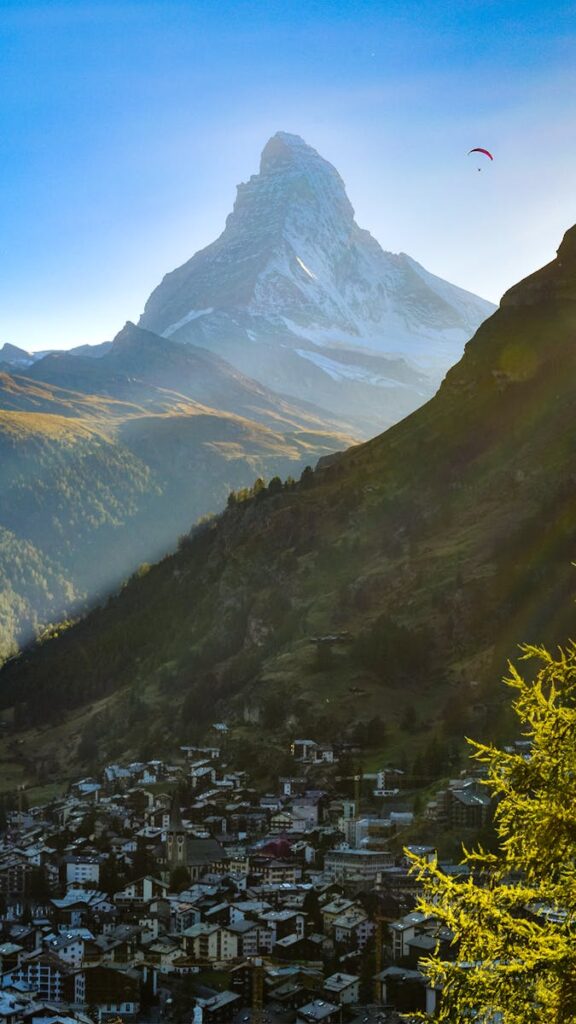 Breathtaking sunrise over the Matterhorn and Zermatt village in Switzerland's scenic Alps.